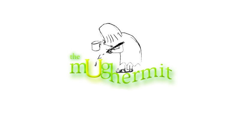 Peut inclure: Un logo vert et jaune avec le texte "the mug hermit" et un dessin anim&eacute; d'une personne tenant une tasse.