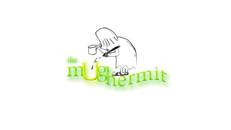 May include: A whimsical illustration featuring a figure writing with a quill, holding a mug. The text "the mUghermit" is displayed in green with a glowing effect. The artwork is set against a white background.