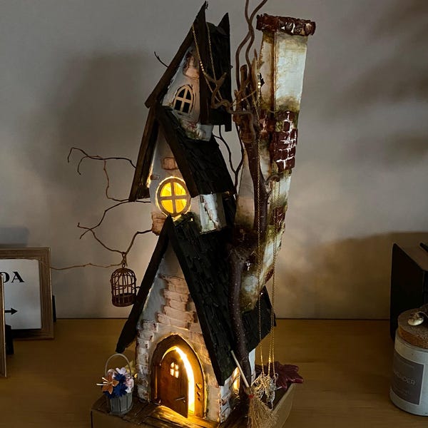 Fantasy fairytale house fairy house miniature forest castle made of cardboard and polymer clay with LED fairy house fairytale castle elf house as room light