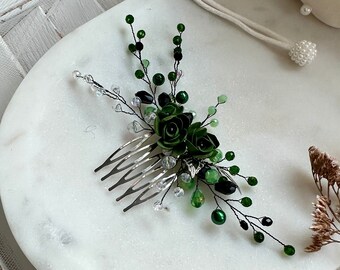 Hair accessories in green pearl hair comb hair accessories with pearls and flowers made of modelling clay porcelain roses in dark green hair flower girl