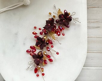 Haarschmuck in Bordeaux Haarranke Haardraht mit Porzellan Blumen und Perlen Wedding Hair Brautjungfern rot gold Haardraht Perlendraht