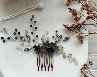 Haarschmuck in Grau Perlenkamm Haarschmuck mit Clay Flowers Porzellan Blumen Haarschmuck mit Perlen und Blumen in Grau
