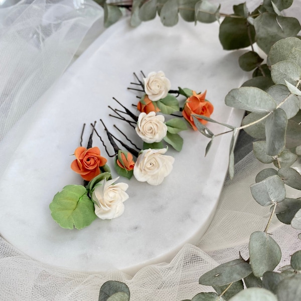 Braut Eukalyptus Haarnadeln mit Rosen aus Modelliermasse Terrakotta Hochzeit Haarschmuck Strand Sommer Wedding Set aus 9 Haarnadeln