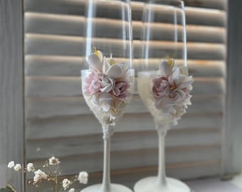 Wedding glasses champagne glasses wedding champagne with peonies made of modelling clay handmade wedding gift with porcelain flowers