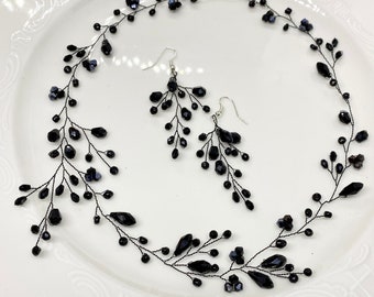 Schwarze Braut Haarranke Gothic Perlenkrone Haarrebe mit schwarzen Perlen Haarkranz Haarschmuck Braut Haarschmuck mit Perlenohrringen