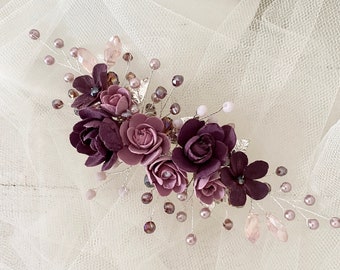 Bordeaux Pink Floral Hair Accessory with Pearls and Realistic Roses Made of Modeling Clay Romantic Bridal Jewelry Bridesmaids Oktoberfest