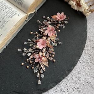 Hair vine bridal hair wire with pearls and pink flowers in cream rose hair arrangement bridal hair accessories bridesmaids hair accessories rose gold