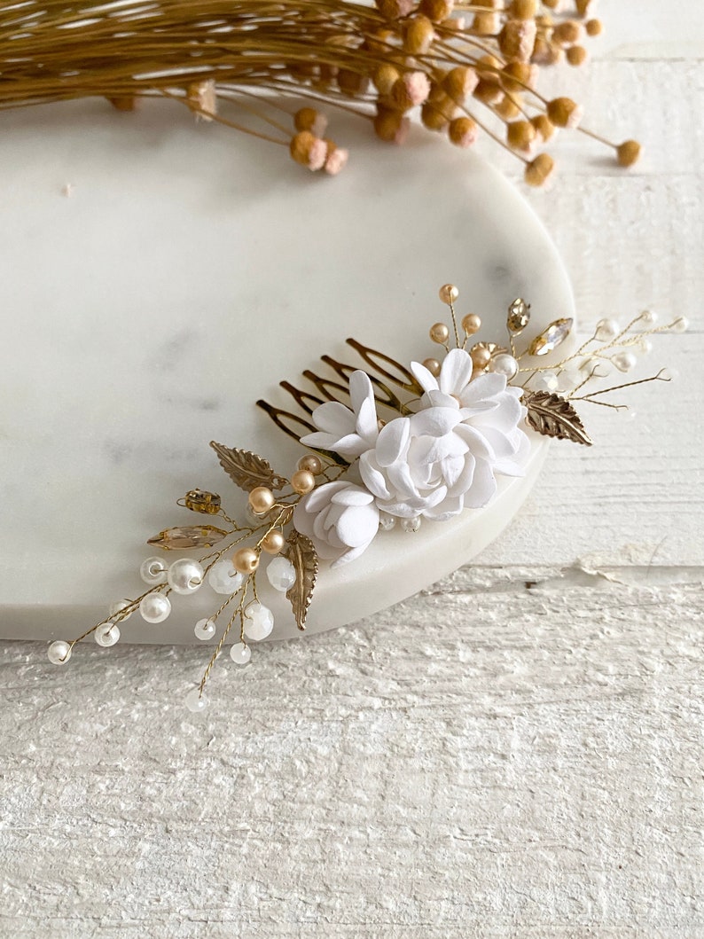 Bridal hair comb with porcelain flowers in white and gold. Hair accessories with pearls and small flowers made of modeling clay. Handmade clay flowers image 1