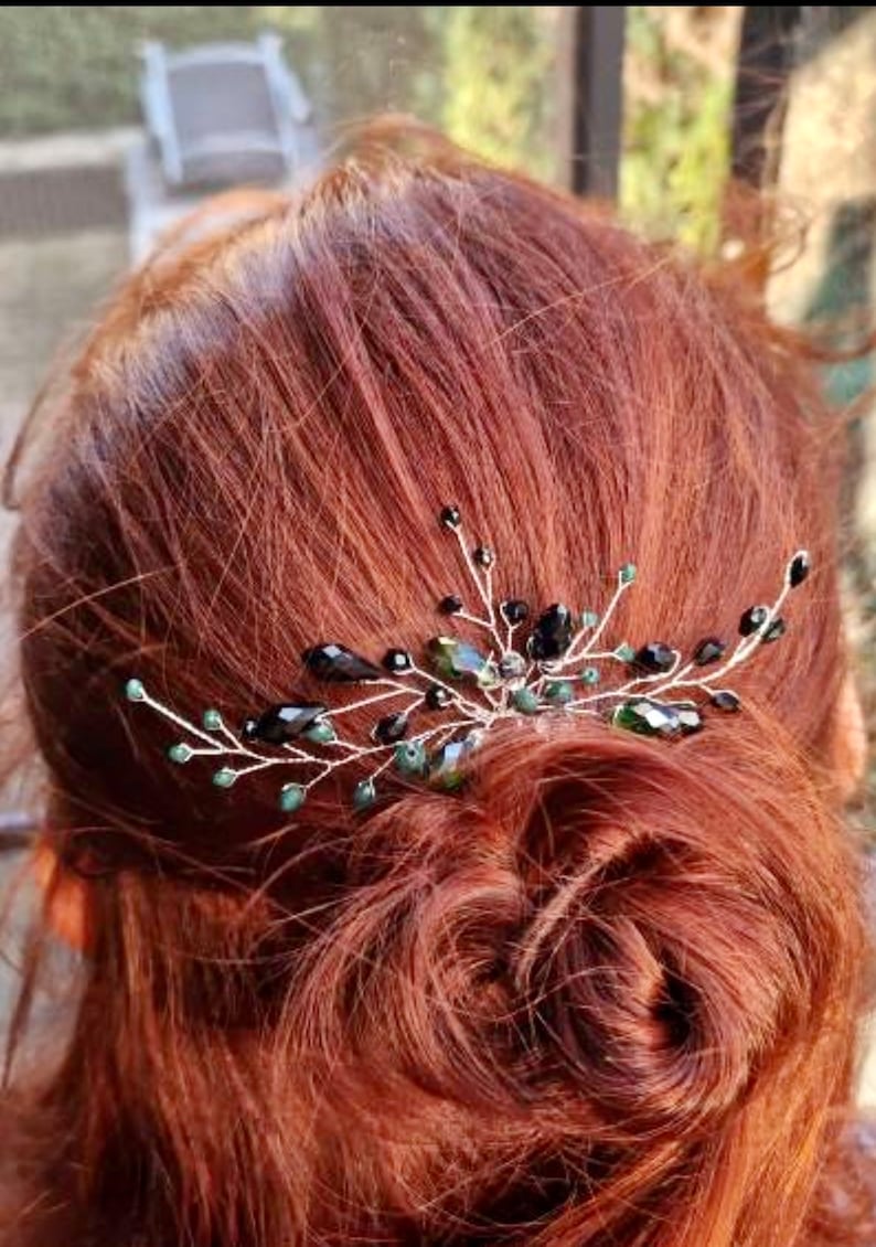 Handgemachte Haarnadeln mit schwarzen und grünen Perlen Hochzeit Haarschmuck Wedding Style Bride Hair Einschulung Abschluss Brautjungfern Bild 7