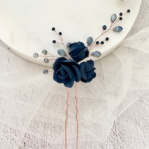Hairpins in rose gold with small porcelain roses and pearls in dark blue Handmade flowers in the hair bridal wedding hair flower girl