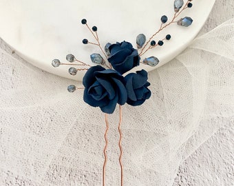 Hairpins in rose gold with small porcelain roses and pearls in dark blue Handmade flowers in the hair bridal wedding hair flower girl