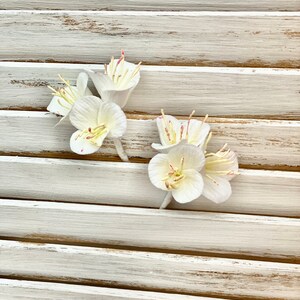 White flowers on hairpins individually or set of bridal hair accessories with real clay flowers made from modeling clay image 4