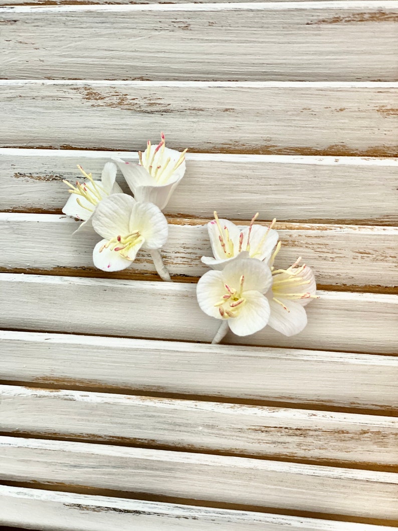 White flowers on hairpins individually or set of bridal hair accessories with real clay flowers made from modeling clay image 4