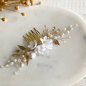 Bridal hair comb with porcelain flowers in white and gold. Hair accessories with pearls and small flowers made of modeling clay. Handmade clay flowers image 8