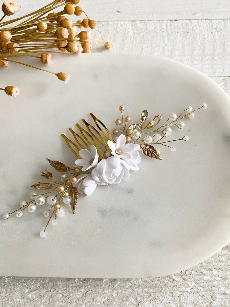Bridal hair comb with porcelain flowers in white and gold. Hair accessories with pearls and small flowers made of modeling clay. Handmade clay flowers image 8
