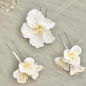 White flowers on hairpins individually or set of bridal hair accessories with real clay flowers made from modeling clay image 3