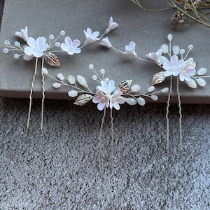 Bridal hair pins 3 pieces with delicate porcelain flowers and pearls hair accessories white flowers made of modeling clay Wedding Clay Flowers 3 colors image 10