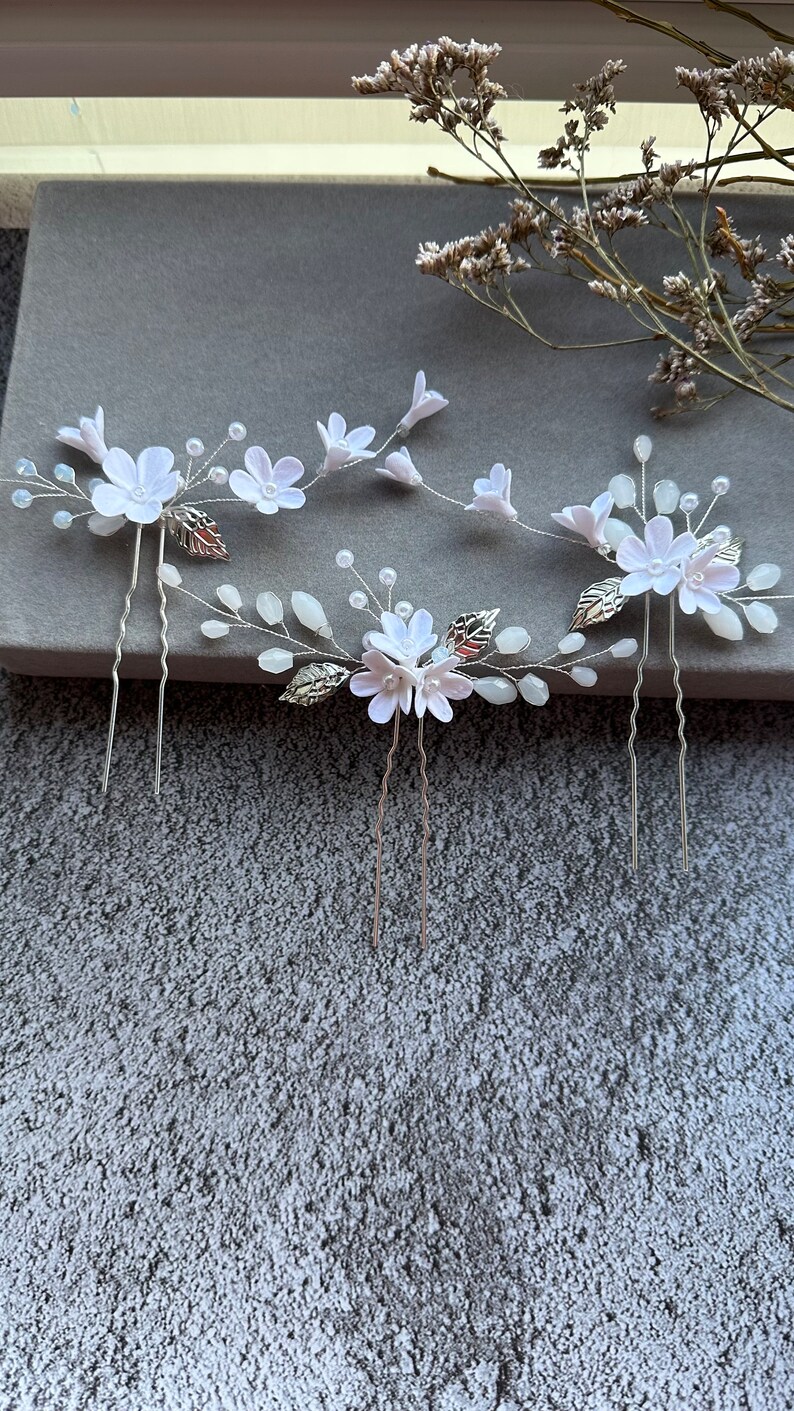 Bridal hair pins 3 pieces with delicate porcelain flowers and pearls hair accessories white flowers made of modeling clay Wedding Clay Flowers 3 colors image 10