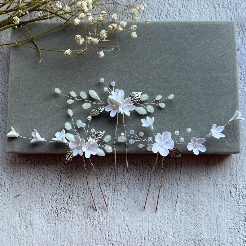 Bridal hair pins 3 pieces with delicate porcelain flowers and pearls hair accessories white flowers made of modeling clay Wedding Clay Flowers 3 colors image 2