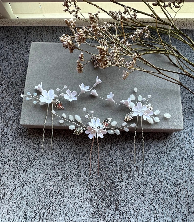 Bridal hair pins 3 pieces with delicate porcelain flowers and pearls hair accessories white flowers made of modeling clay Wedding Clay Flowers 3 colors image 4