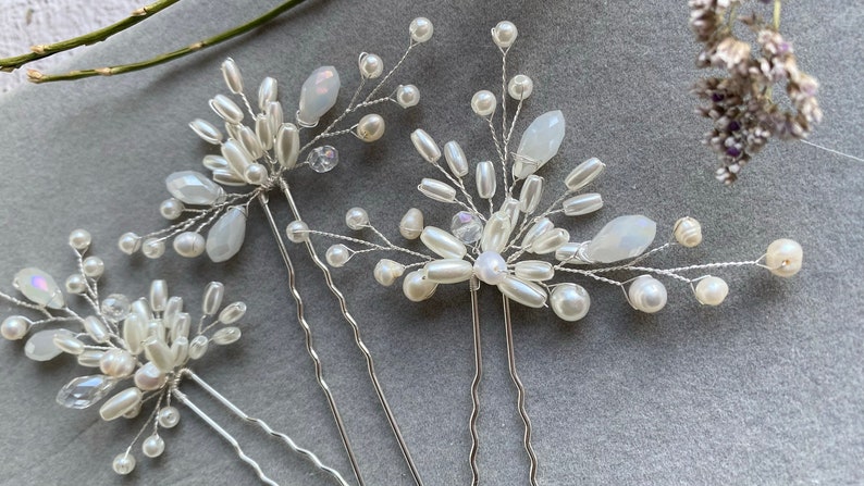 Bridal hairpins with pearls in cream white or pink Universal bridal jewelry hair accessories Handmade wedding accessories image 9