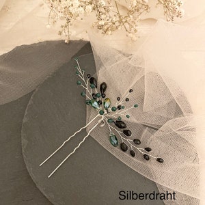 Handgemachte Haarnadeln mit schwarzen und grünen Perlen Hochzeit Haarschmuck Wedding Style Bride Hair Einschulung Abschluss Brautjungfern Silberdraht