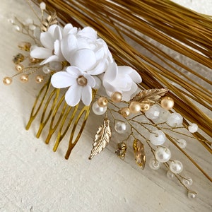 Bridal hair comb with porcelain flowers in white and gold. Hair accessories with pearls and small flowers made of modeling clay. Handmade clay flowers image 7