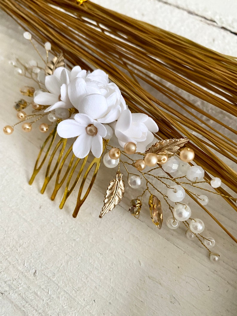 Bridal hair comb with porcelain flowers in white and gold. Hair accessories with pearls and small flowers made of modeling clay. Handmade clay flowers image 7