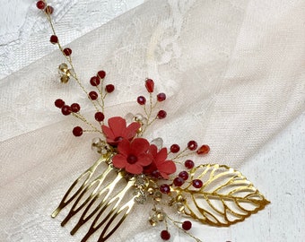 Hair Wire Hair Accessories Bridal Hair Comb with Red Flowers and Pearls Handmade hair bridal wedding hair flower girl Clay Flowers