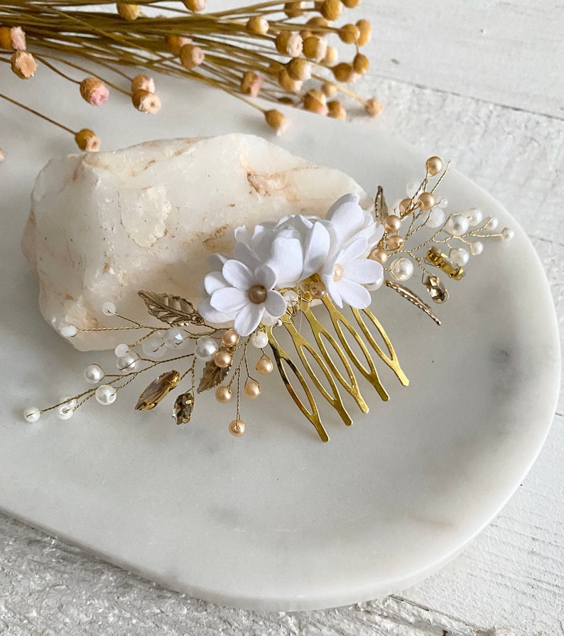 Bridal hair comb with porcelain flowers in white and gold. Hair accessories with pearls and small flowers made of modeling clay. Handmade clay flowers image 6