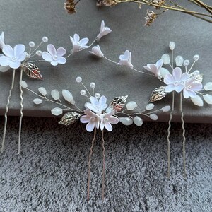 Bridal hair pins 3 pieces with delicate porcelain flowers and pearls hair accessories white flowers made of modeling clay Wedding Clay Flowers 3 colors image 9