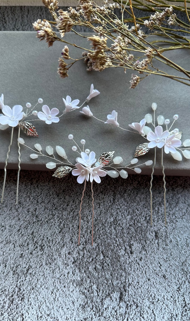 Bridal hair pins 3 pieces with delicate porcelain flowers and pearls hair accessories white flowers made of modeling clay Wedding Clay Flowers 3 colors image 9