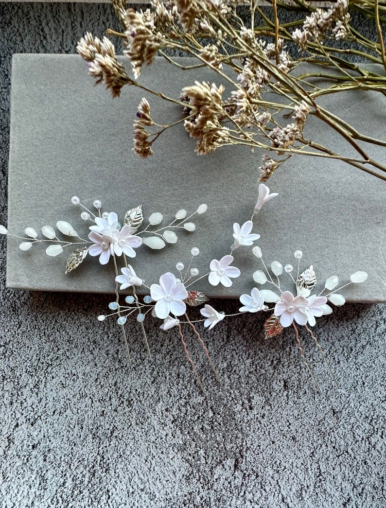 Bridal hair pins 3 pieces with delicate porcelain flowers and pearls hair accessories white flowers made of modeling clay Wedding Clay Flowers 3 colors image 6