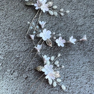 Bridal hair pins 3 pieces with delicate porcelain flowers and pearls hair accessories white flowers made of modeling clay Wedding Clay Flowers 3 colors image 7