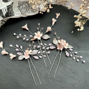 Bridal hair pins 3 pieces with delicate porcelain flowers and pearls hair accessories white flowers made of modeling clay Wedding Clay Flowers 3 colors image 5