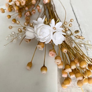 Bridal hair comb with porcelain flowers in white and gold. Hair accessories with pearls and small flowers made of modeling clay. Handmade clay flowers image 9