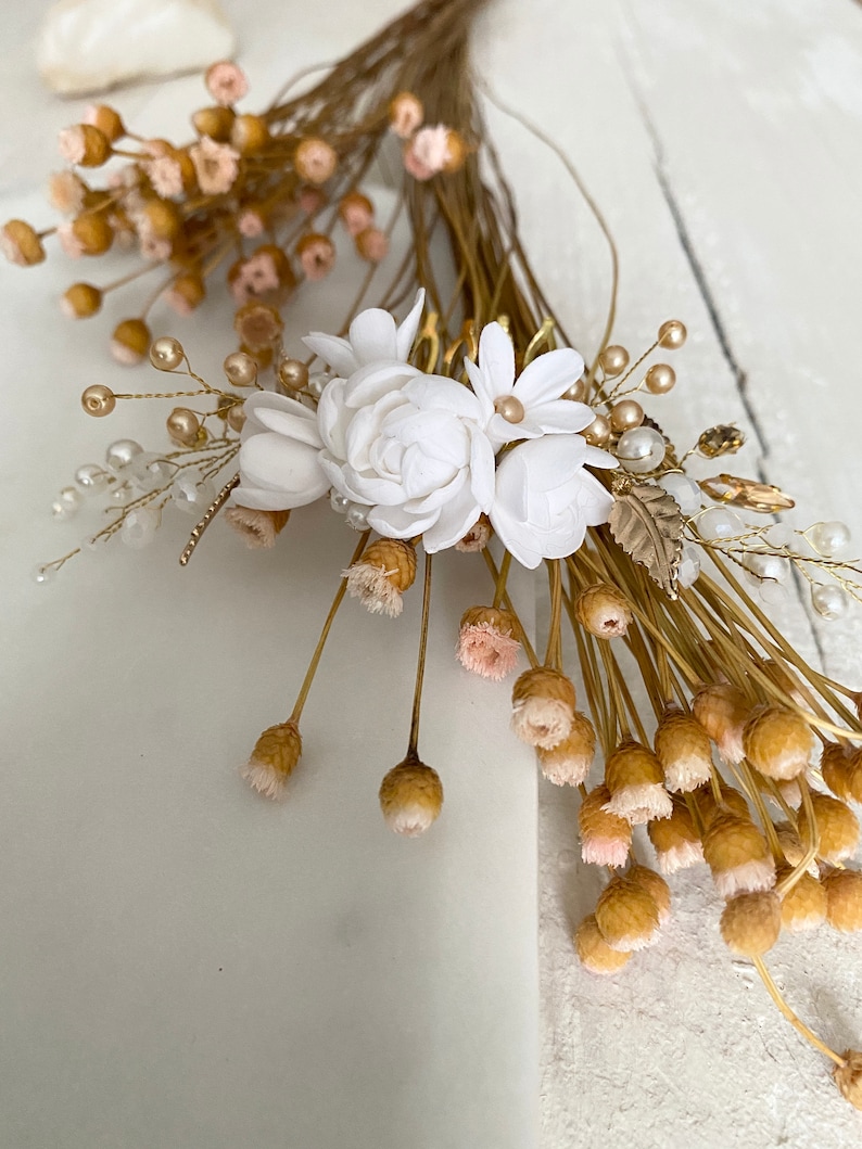Bridal hair comb with porcelain flowers in white and gold. Hair accessories with pearls and small flowers made of modeling clay. Handmade clay flowers image 9