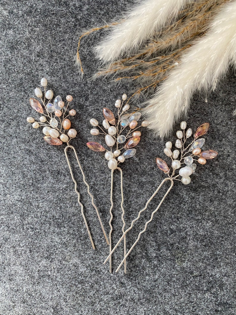 Bridal hairpins with pearls in cream white or pink Universal bridal jewelry hair accessories Handmade wedding accessories image 4