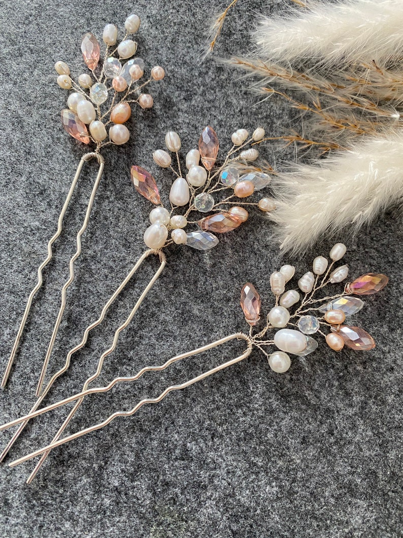 Bridal hairpins with pearls in cream white or pink Universal bridal jewelry hair accessories Handmade wedding accessories image 3