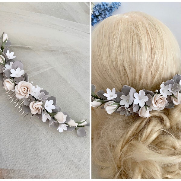 Bridal pearl comb hair accessories with clay roses succulents Boho bridal jewelry wedding flowers made of modeling clay handmade polymer clay flowers