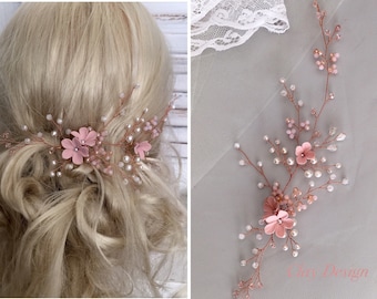 Wedding hair accessories bridal hair vine hair accessories with porcelain flowers hair wire with pearls and polymer clay flowers rose gold