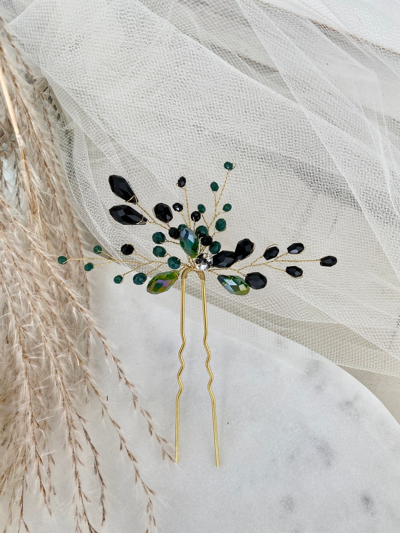 Handgemachte Haarnadeln mit schwarzen und grünen Perlen Hochzeit Haarschmuck Wedding Style Bride Hair Einschulung Abschluss Brautjungfern Bild 5