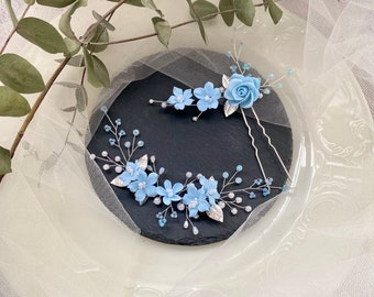 Something blue for the bride Flower hairpin and hair vine with pearls Porcelain flowers in light blue Bridal jewelry Wedding hair accessories