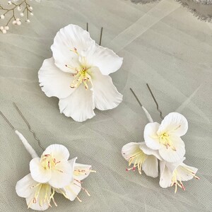 White flowers on hairpins individually or set of bridal hair accessories with real clay flowers made from modeling clay image 5