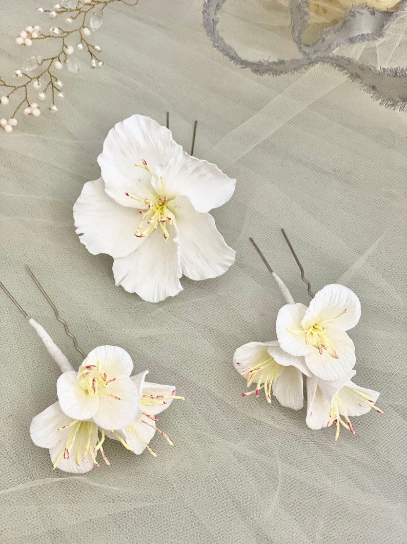 White flowers on hairpins individually or set of bridal hair accessories with real clay flowers made from modeling clay image 5