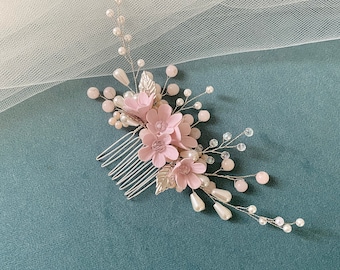 Braut Haarkamm in Rosa und weiß Haardraht mit Porzellan Blüten Perlen Haarranke Haargesteck bridal wedding hair Handmade Haarschmuck