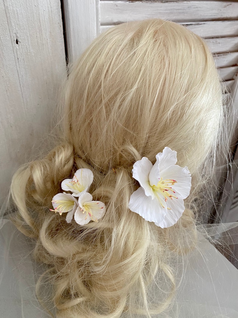 White flowers on hairpins individually or set of bridal hair accessories with real clay flowers made from modeling clay image 2