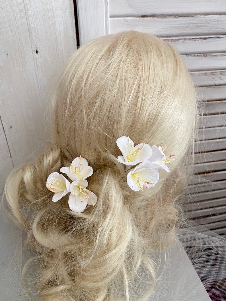 White flowers on hairpins individually or set of bridal hair accessories with real clay flowers made from modeling clay image 6