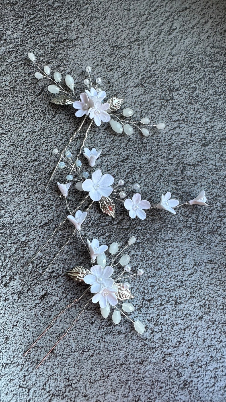 Bridal hair pins 3 pieces with delicate porcelain flowers and pearls hair accessories white flowers made of modeling clay Wedding Clay Flowers 3 colors image 8