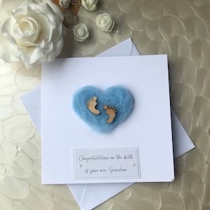 Handgemaakte nieuwe kleinzoonkaart, blauw vilten hart babyjongenkaart, nieuwe kleinzoonkaart, handgemaakte nieuwe babykaart, nieuwe grootouderskaart,